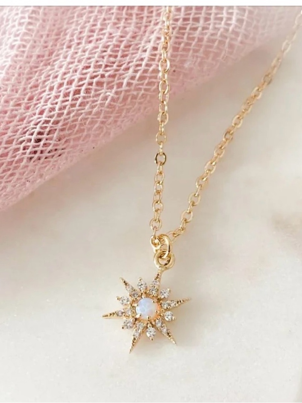 🆕- Gold Starburst Pendant Necklace with Opal Center - 16"